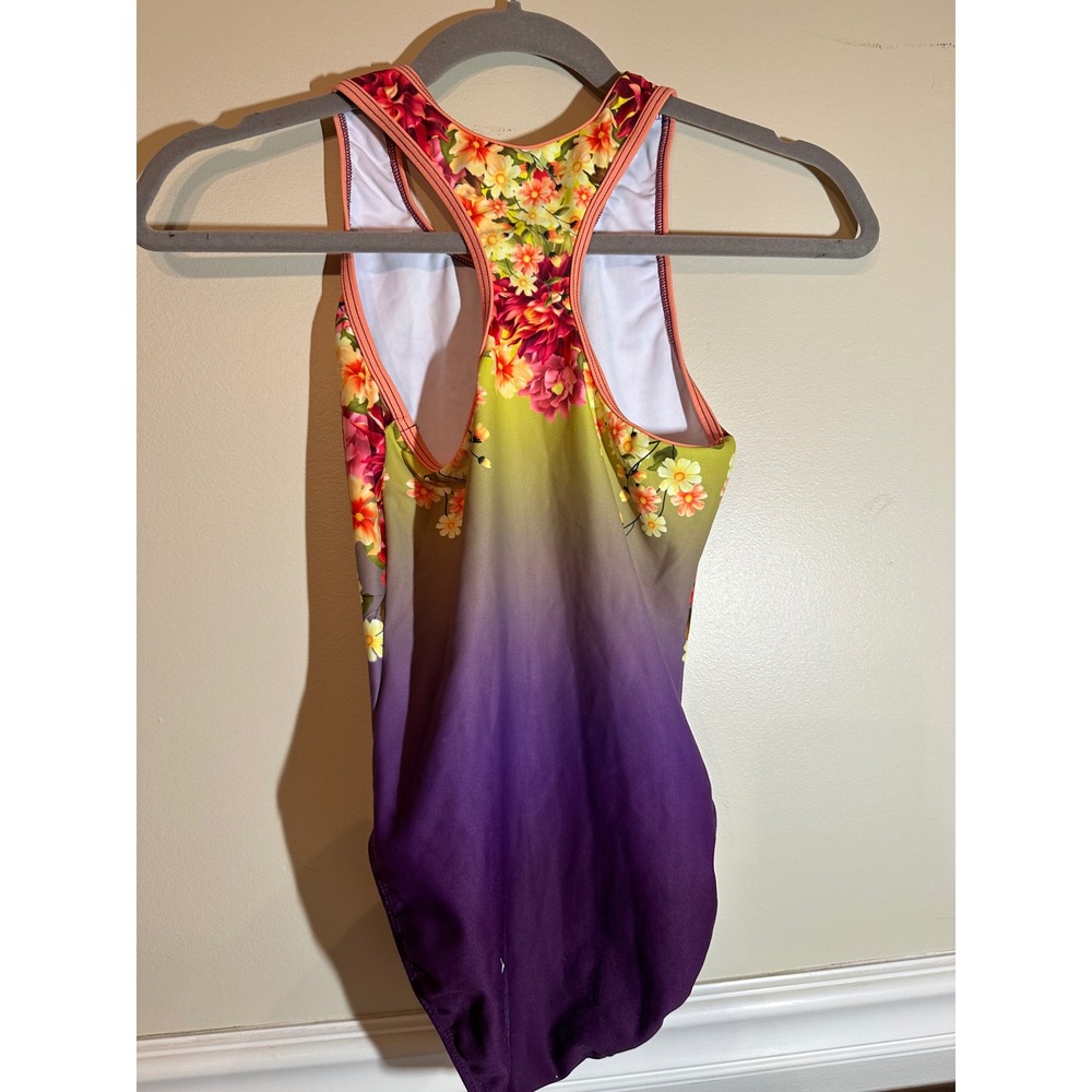 Plum Practicewear Gymnastics Leotard Adult S Spring Fest Floral Purple Yellow - Picture 2 of 3